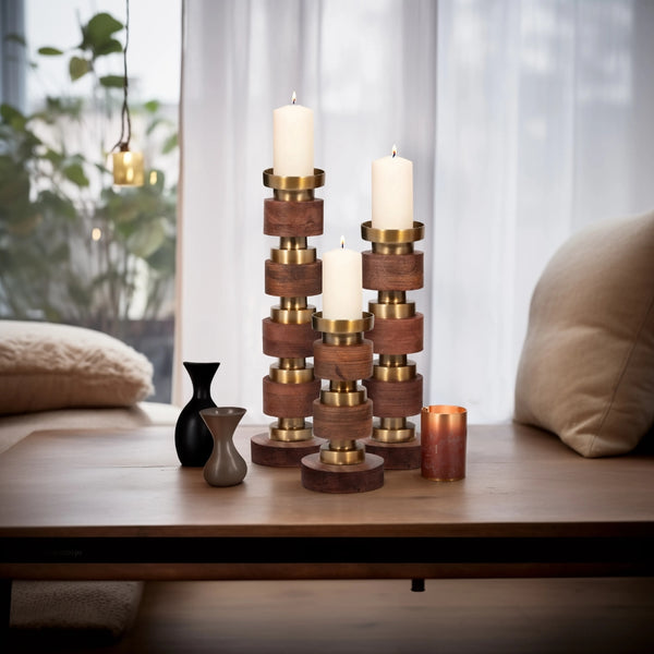 Set de candelabros decorativos en madera marrón (3 piezas)