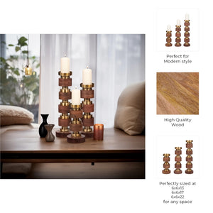 Set de candelabros decorativos en madera marrón (3 piezas)