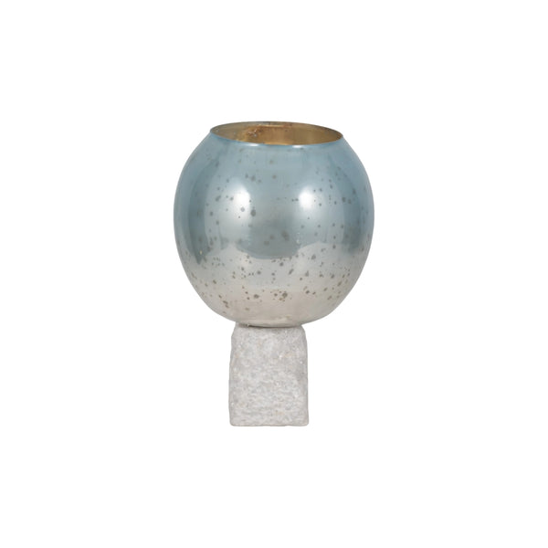 Portavelas decorativo en vidrio aqua con base de mármol
