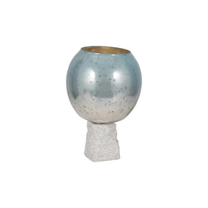 Portavelas decorativo en vidrio aqua con base de mármol