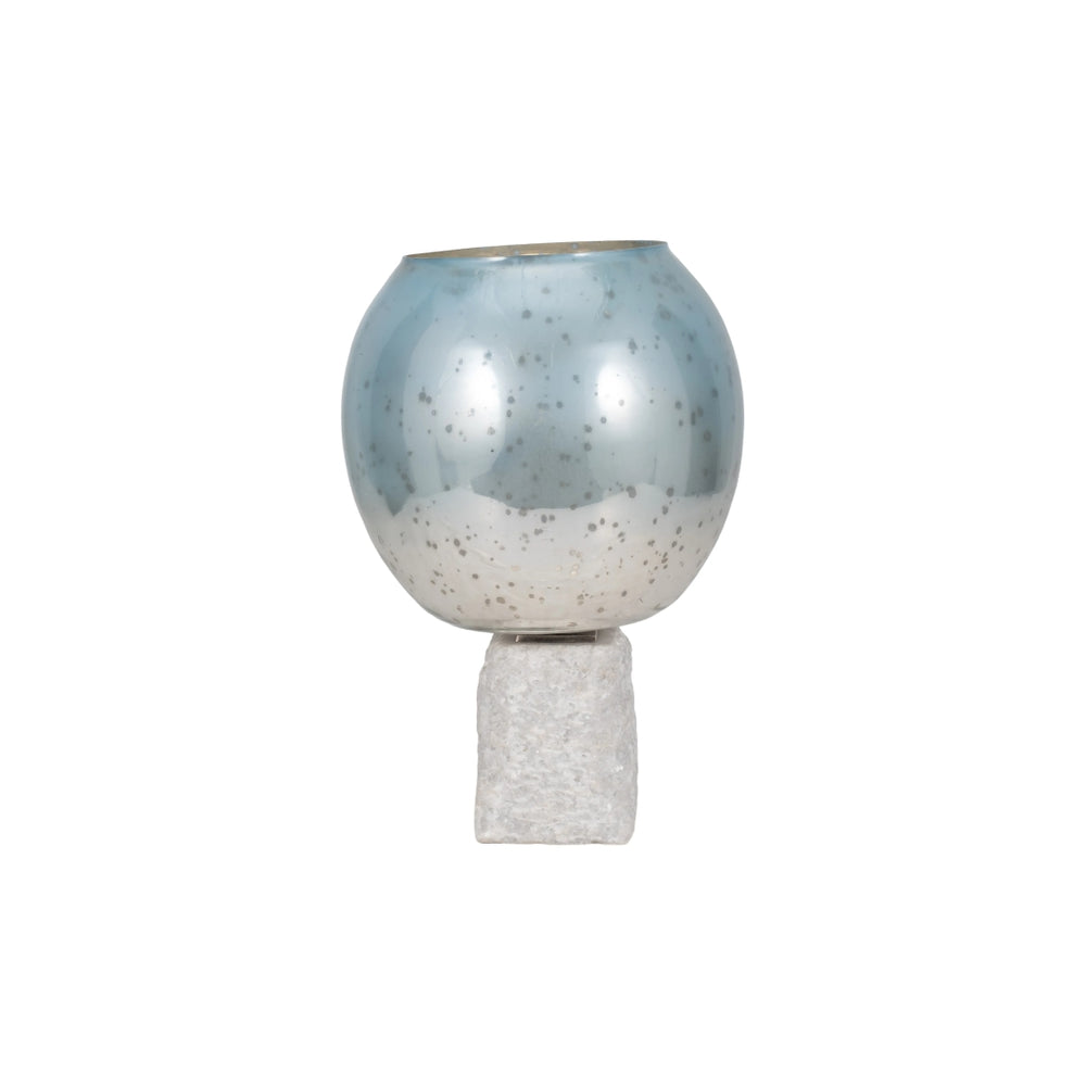 Portavelas decorativo en vidrio aqua con base de mármol
