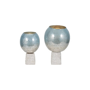 Portavelas decorativo en vidrio aqua con base de mármol
