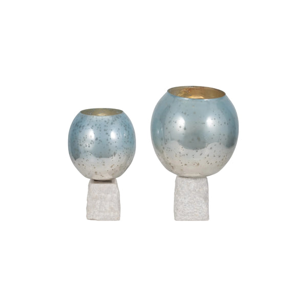 Portavelas decorativo en vidrio aqua con base de mármol