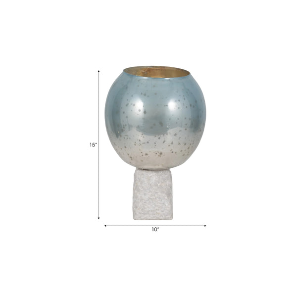 Portavelas decorativo en vidrio aqua con base de mármol