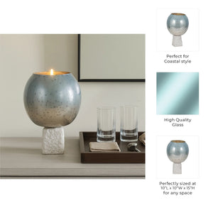 Portavelas decorativo en vidrio aqua con base de mármol