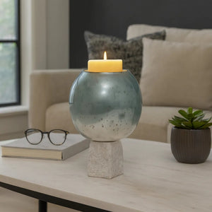Portavelas decorativo en vidrio aqua con base de mármol