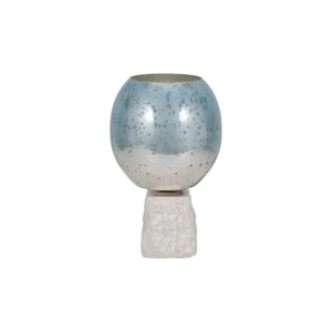 Portavelas decorativo en vidrio aqua con base de mármol