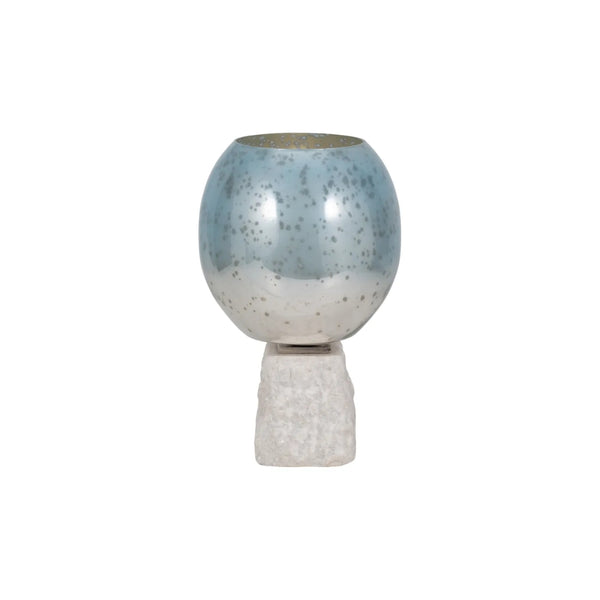 Portavelas decorativo en vidrio aqua con base de mármol