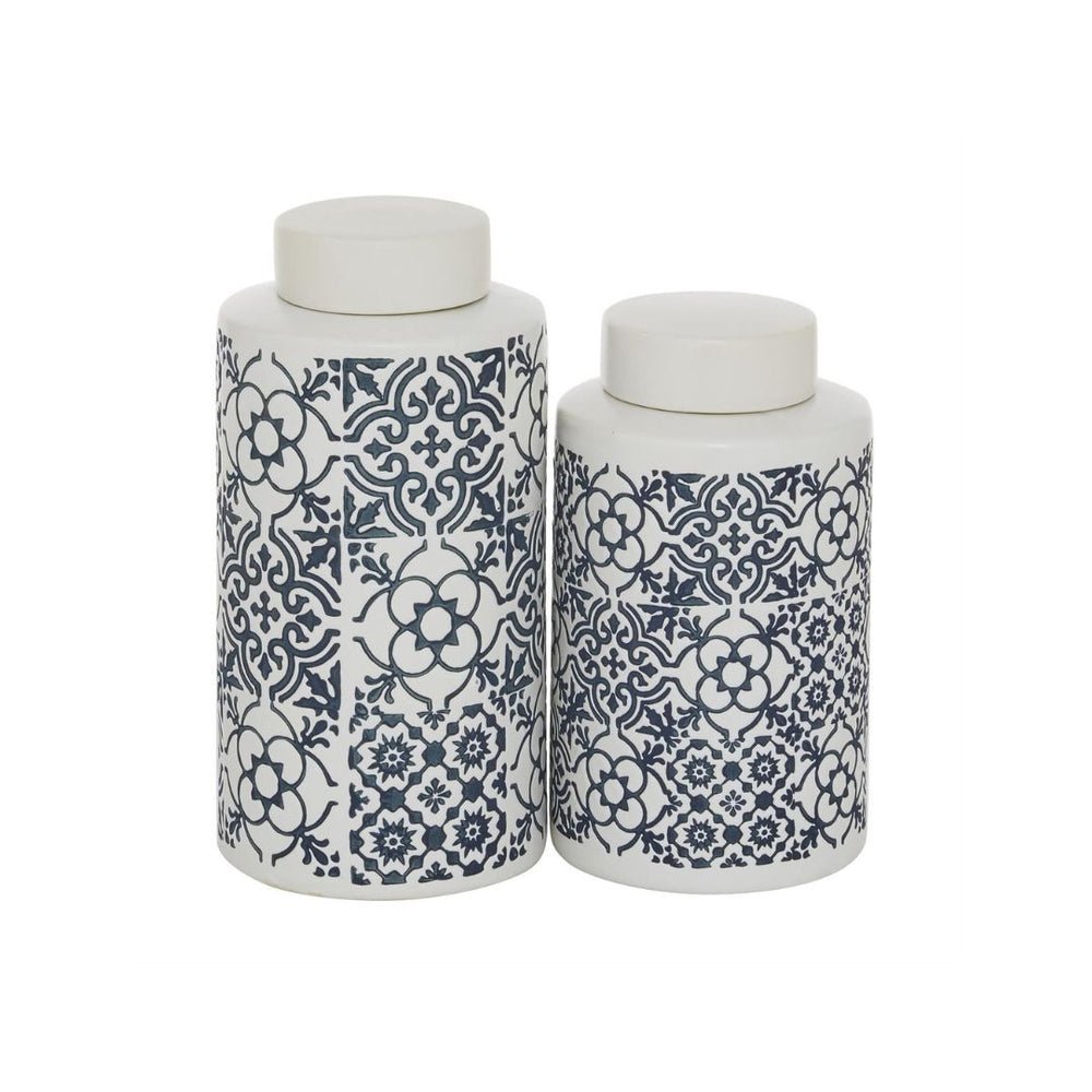 Set de frascos decorativos de cerámica blanca con patrón tipo azulejo – 2 piezas
