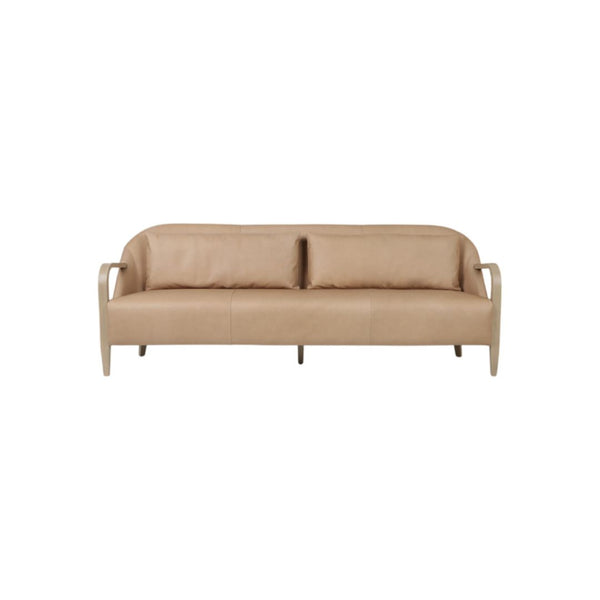 Sofá Krestlin de cuero natural color taupe con estructura de madera