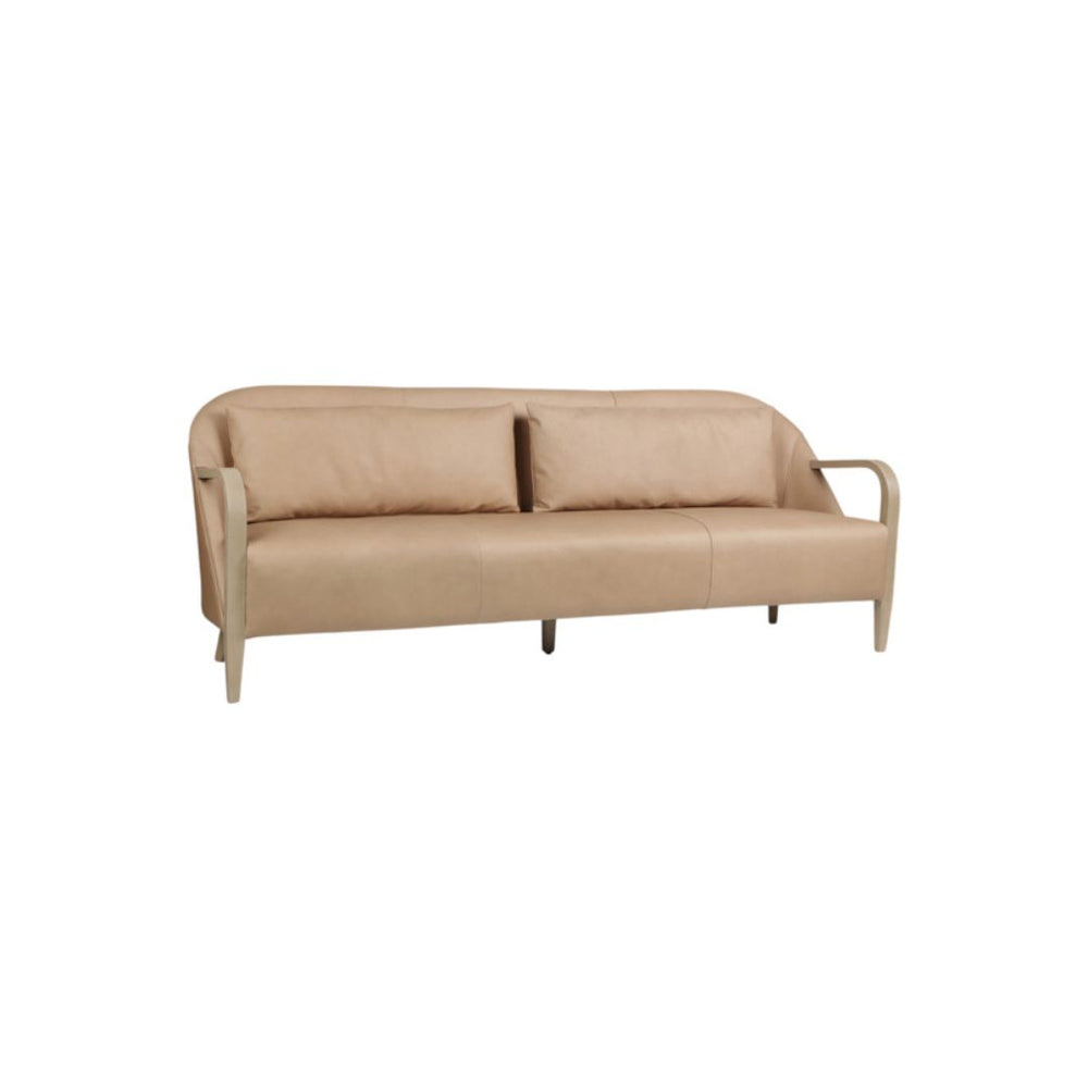 Sofá Krestlin de cuero natural color taupe con estructura de madera