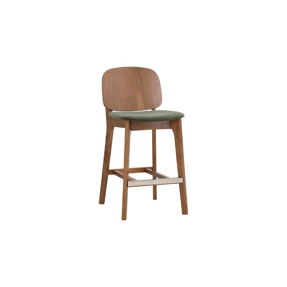 Silla alta Cora para counter en roble malayo y tela verde profundo