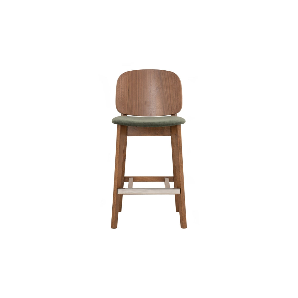 Silla alta Cora para counter en roble malayo y tela verde profundo