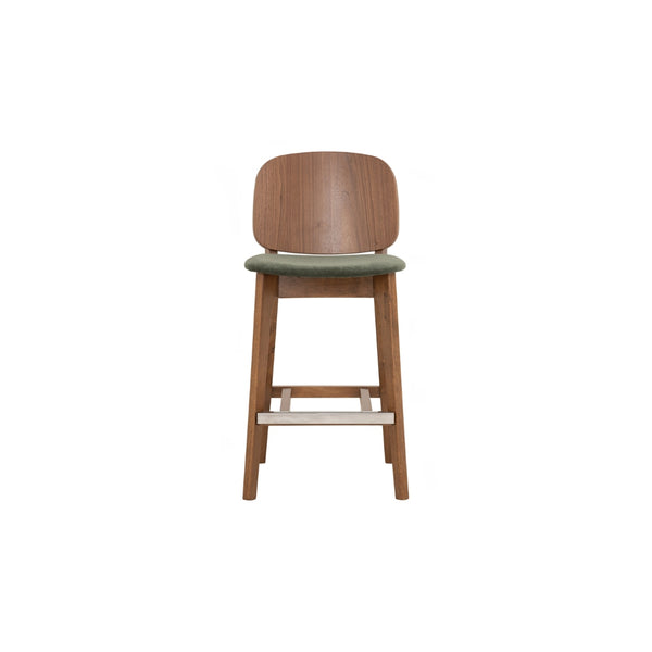 Silla alta Cora para counter en roble malayo y tela verde profundo