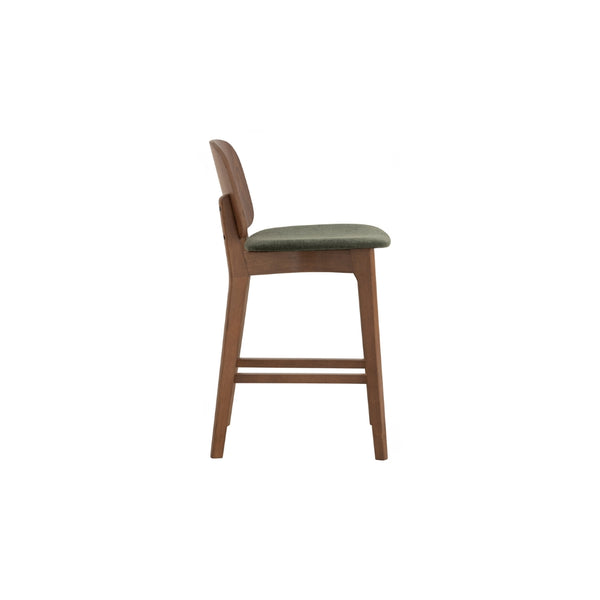 Silla alta Cora para counter en roble malayo y tela verde profundo