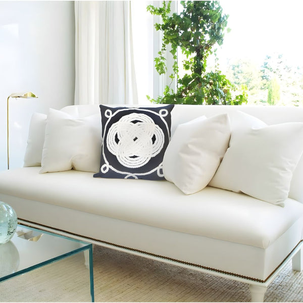 Cojín decorativo náutico aguamarina con nudos blancos