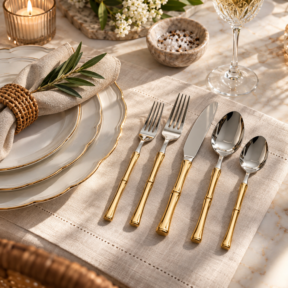 18/10 Rattan 20 PC Gold Set