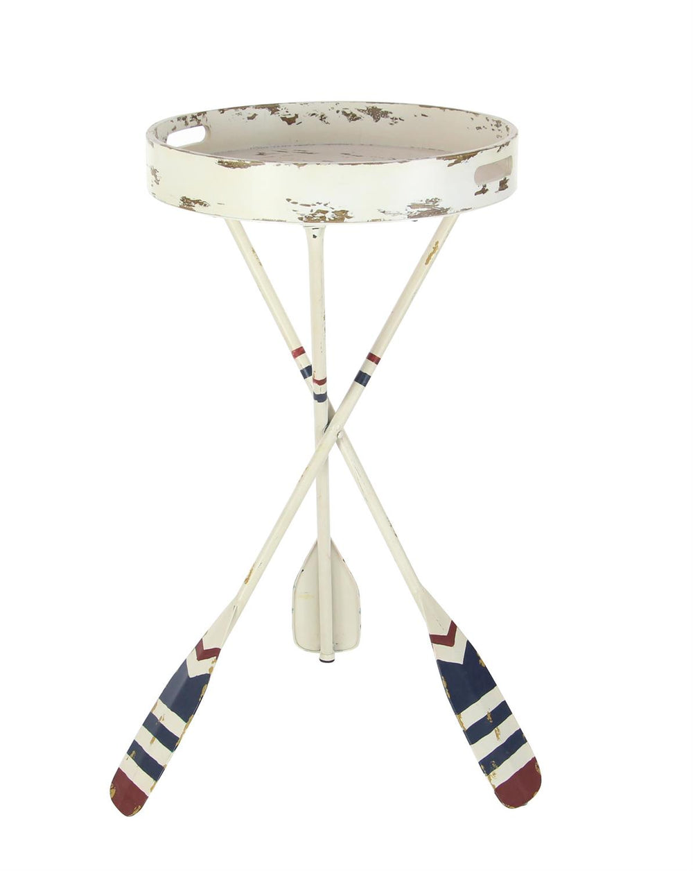 Mesa auxiliar de metal blanco con rayas desgastadas