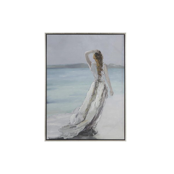 Cuadro Decorativo Mujer Frente al Mar con Marco Plateado
