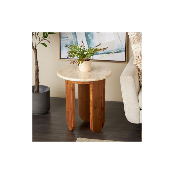Mesa Auxiliar Redonda de Madera y Mármol Beige