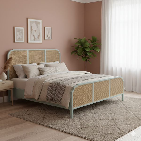 Cama Queen Marisol en Rattan en Duck Egg