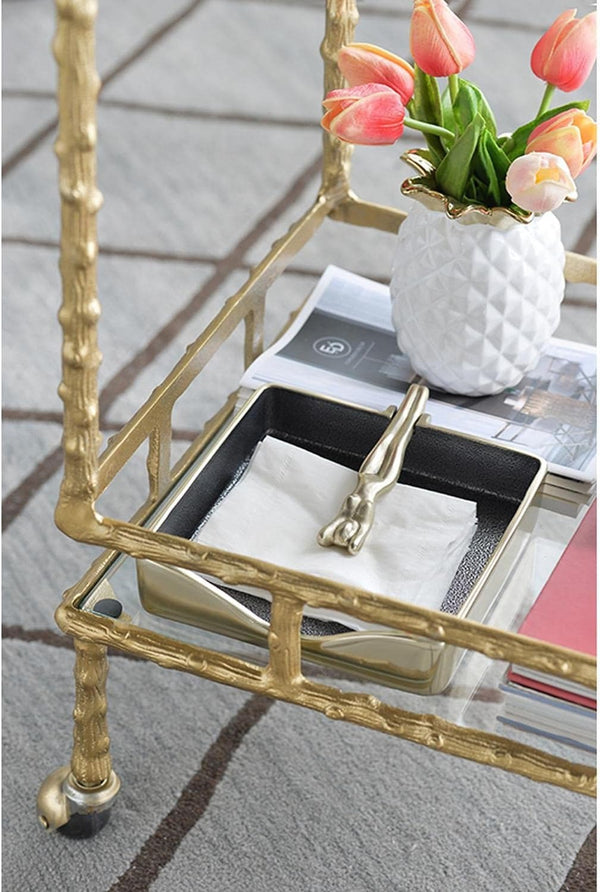 Carrito Bar Clásico Rectangular en Metal Dorado Antiguo con Vidrio
