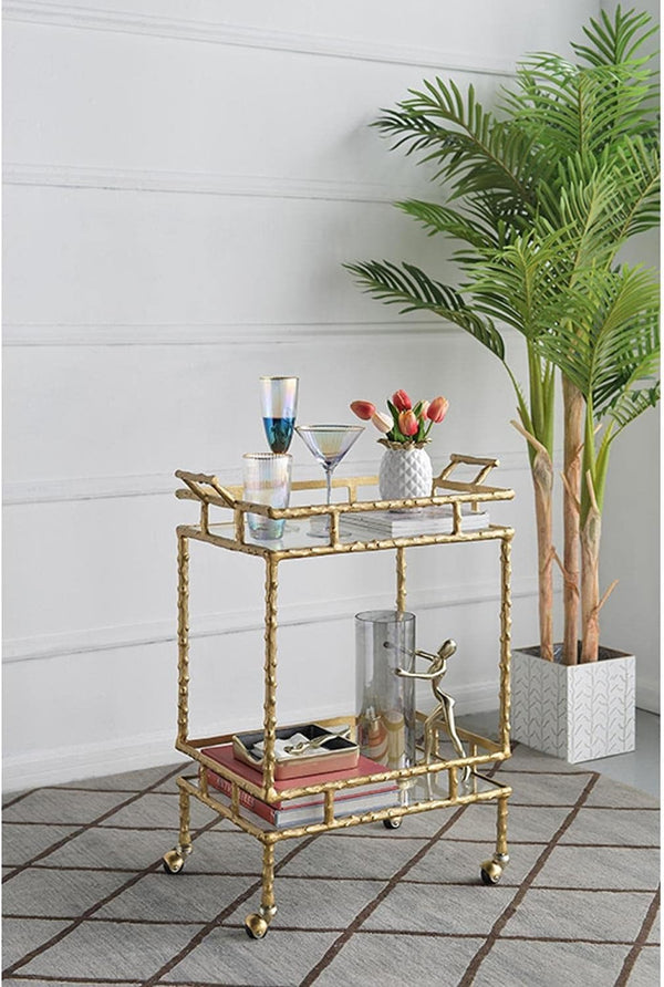 Carrito Bar Clásico Rectangular en Metal Dorado Antiguo con Vidrio