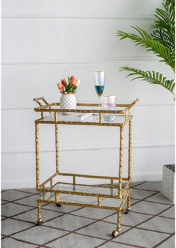 Carrito Bar Clásico Rectangular en Metal Dorado Antiguo con Vidrio