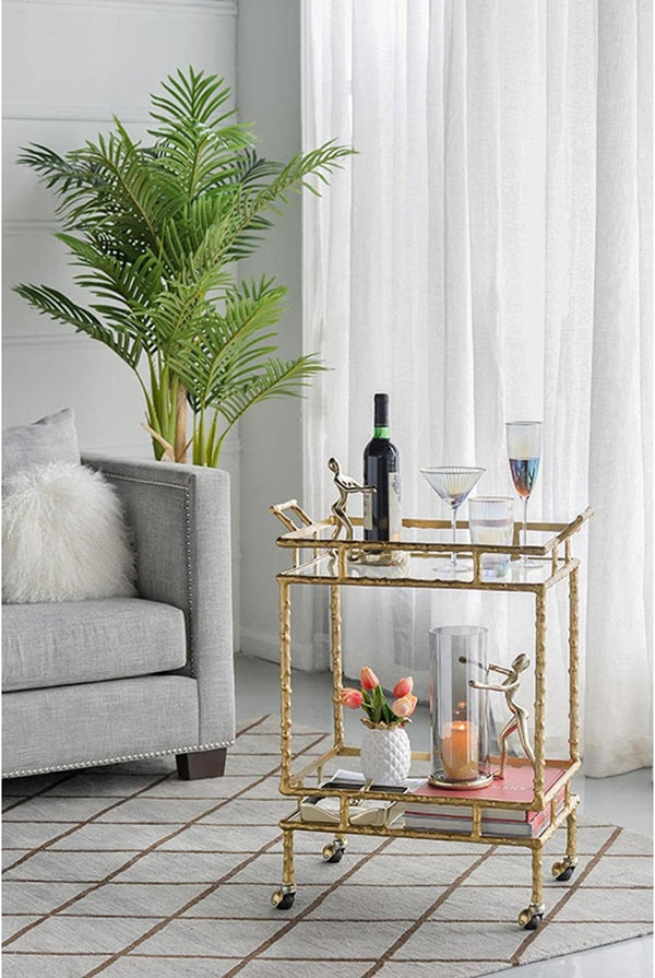 Carrito Bar Clásico Rectangular en Metal Dorado Antiguo con Vidrio