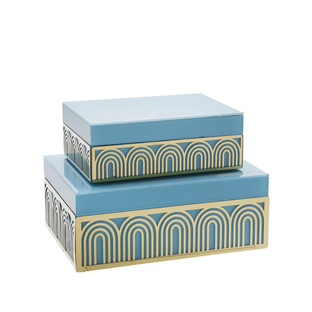 Cajas de madera con diseño de arco azul